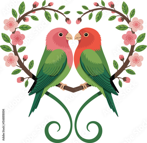 Two lovebirds are perched on a branch that's shaped like a heart, transparent isolated vector png