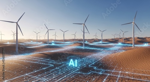 Wind turbines generate renewable energy with artificial intelligence technology in the desert landscape, providing a sustainable solution.