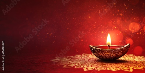 Lit diya on golden pattern, against red, bokeh background