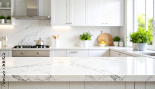 Empty marble tabletop in a blurred modern kitchen for product placement