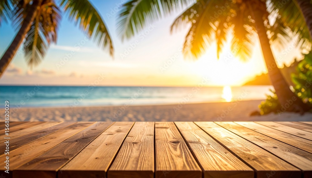 Stunning blurred exotic beach sunset with palm trees: mock-up table for summer products Stunning blurred exotic beach sunset with palm trees: mock-up table for summer products