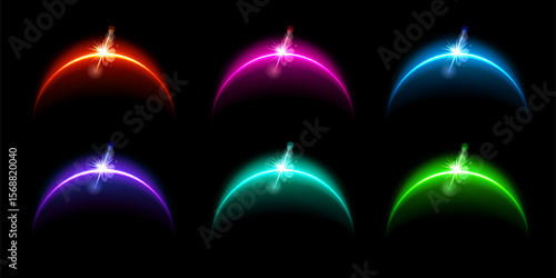 Solar eclipse light set. Shining moon flare effect on black background. Abstract vector illustration collection. Glowing planet globe design in different colors