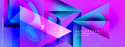Vibrant abstract composition. Overlapping shapes create dynamic gradients, purple, blue hues dominate design. Modern aesthetic.