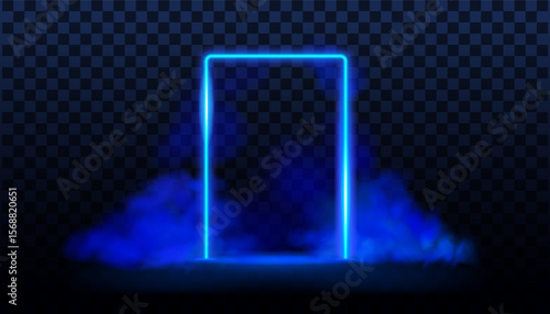 Blue neon door with smoke. Led portal background, rectangle gate with mist. Vector realistic effect
