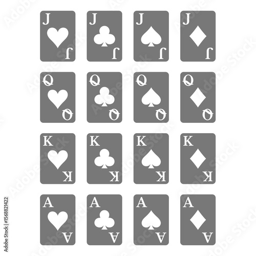 Playing cards deck vector icon set. Queen, jack, king and ace suits icons.