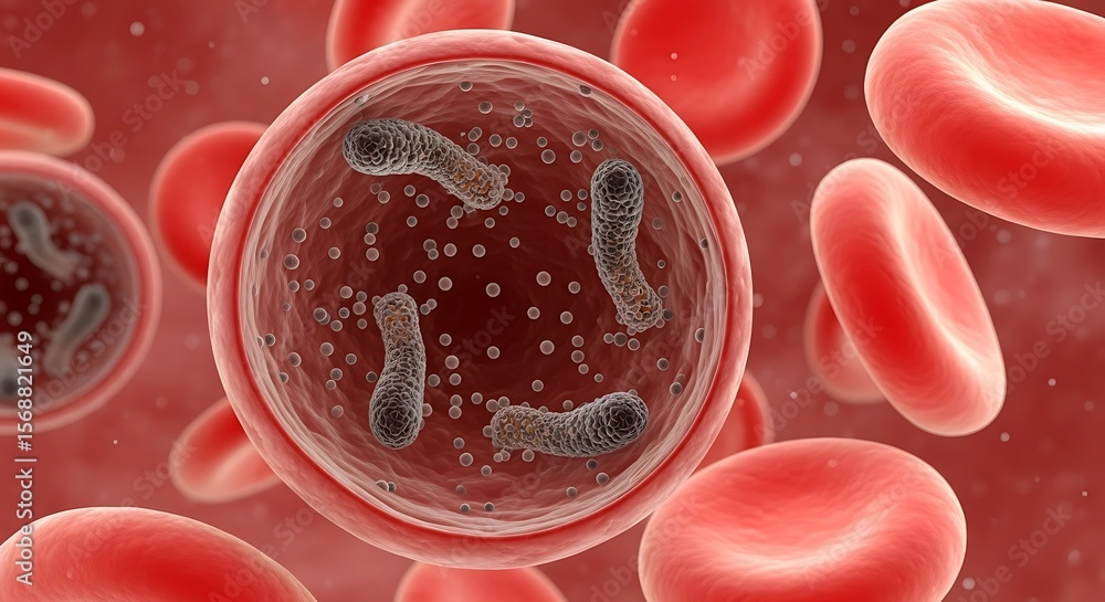 Fototapeta premium Blood Cell with Microbes Closeup Medical Illustration