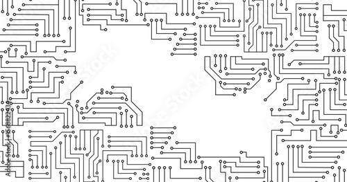 Circuit technology background with hi-tech digital data connection system and computer electronic design. Technology digital circuit board background. Technology black circuit diagram.