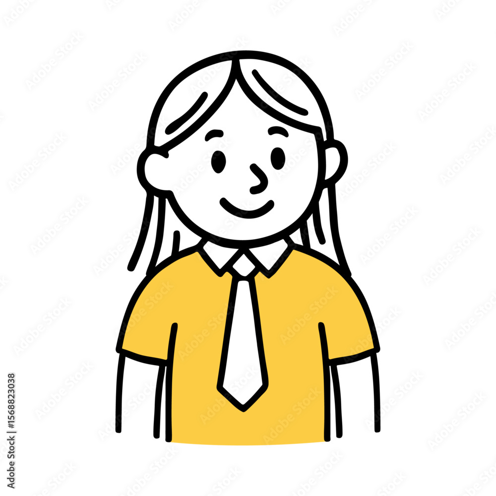 Obraz premium Businesswoman Standing With Tie. Business, Office, Boss, Coffee, Yellow Shirt. Simple Line Drawing, Hand-Drawn Doodle Style Vector Illustration 