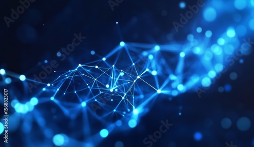 Abstract network of interconnected particles.  Complex, flowing lines.  Digital art.  Blue glow