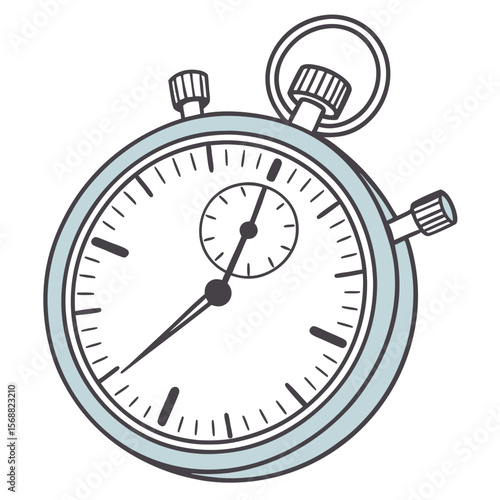 Flat vector illustration of a modern stopwatch in minimal style. Bold circular frame with thick border, single time hand pointing at an angle, two simple push buttons on top. Use flat design with soft