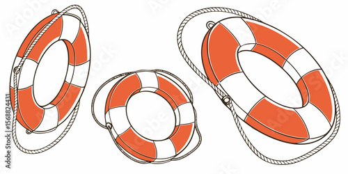 Red and white lifebuoy with rope, a nautical rescue ring for safety and emergency preserver