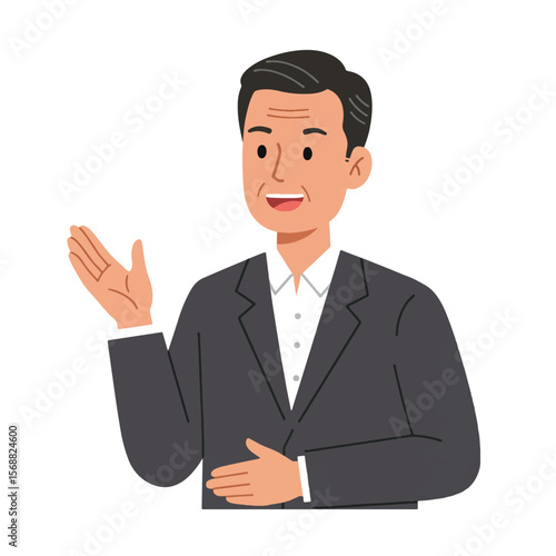 Smiling man in a suit gesturing with his hand, presenting or explaining something.