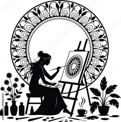 Beautiful woman artist painting detailed mandala on canvas, relaxing bohemian floral silhouette art, creative home studio, peaceful mindful art therapy