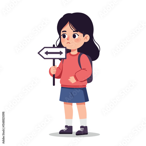 A young girl, backpacked, holds a directional sign, appearing uncertain about which way to go.