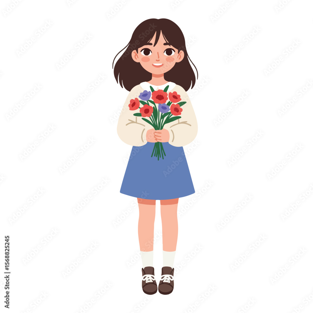 A smiling girl holds a cheerful bouquet of red and purple flowers. A smiling girl holds a cheerful bouquet of red and purple flowers.