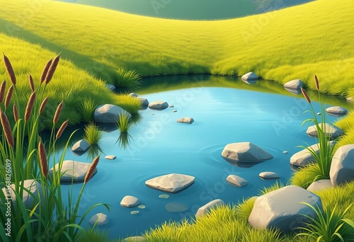 Fototapeta Naklejka Na Ścianę i Meble -  Serene cartoon pond and lake landscape; lush green grass, reeds, blue water, stones,  flora,  artwork