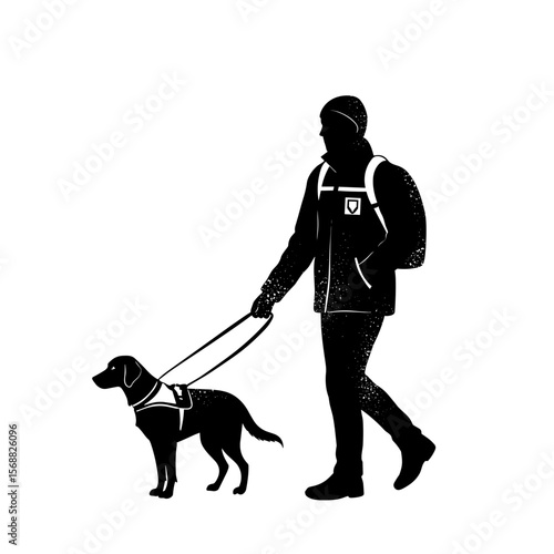 Person walking with guide dog on white background  