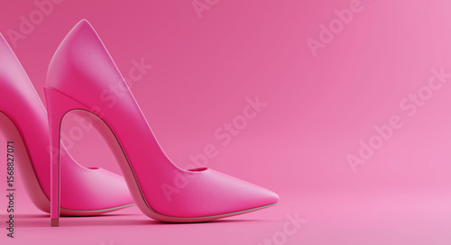 A pair of pink high heels on the right side, solid color background, simple and clean background, high resolution.