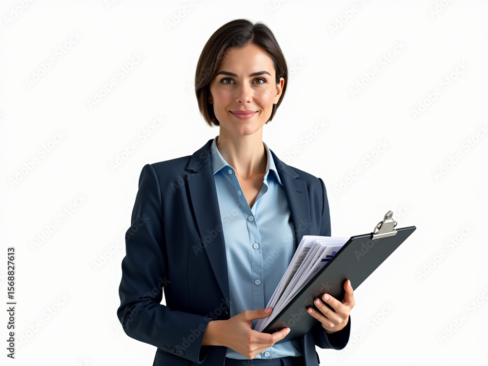 A poised businesswoman with a clipboard confidently presents a professional image, her gaze direct and trustworthy, showcasing dedication in a professional setting. A poised businesswoman with a clipboard confidently presents a professional image, her gaze direct and trustworthy, showcasing dedication in a professional setting.