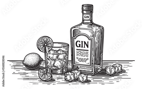 Gin Bottle and Glass with Garnish Vector Engraving Illustration