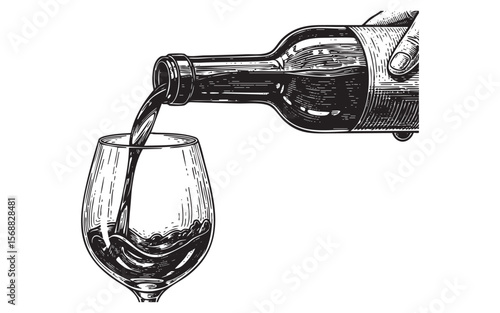 Hand Pouring Red Wine into Glass Vector Engraving Illustration

