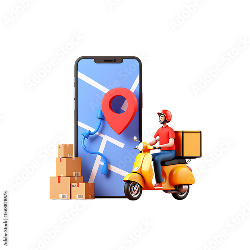 Fast Delivery Service Scooter Delivery Driver with Packages, GPS Navigation on Smartphone, Efficient Logistics and Transportation