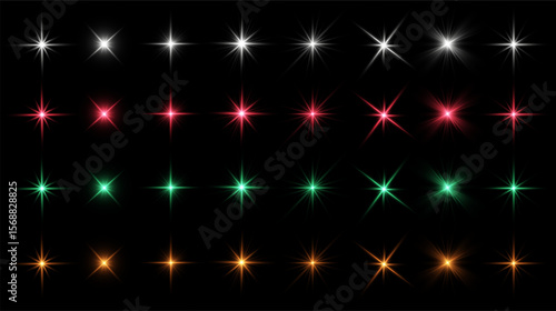 A set of colorful star-shaped light effects on a black background, including white, red, green, and orange glowing bursts. Ideal for overlays, graphic design, and decorative abstract elements.