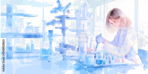 細胞の培養実験をしている女性、水彩画。バナー素材。