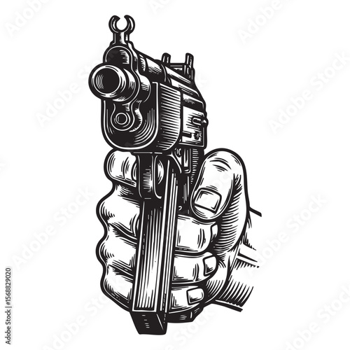 Hand Holding Pistol Pointing Forward Vector Engraving Illustration

