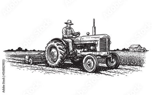 farmer operating a vintage tractor in a field.