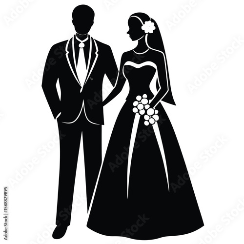 Wallpaper Mural Elegant silhouette of a bride and groom holding hands with a bouquet Torontodigital.ca