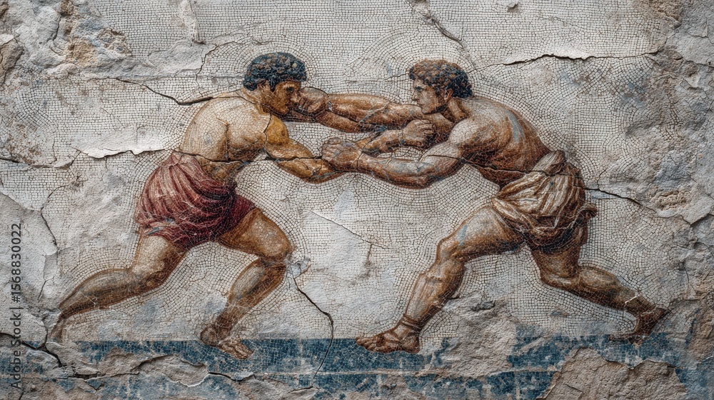 Fototapeta premium Ancient Greek or Roman fighters, antique scene with two men fighting in old cracked wall fresco, vintage painting. Theme of art, Greece, Rome, sport, competition, wrestling