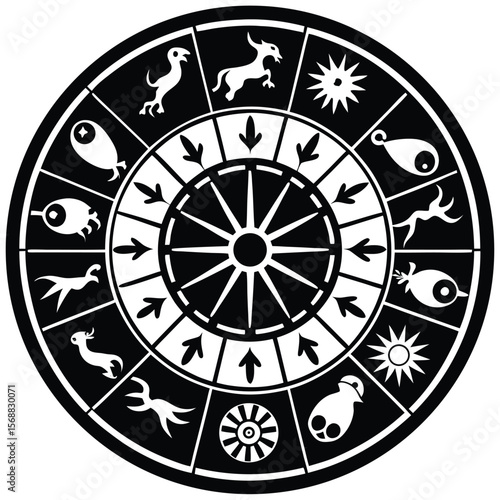 Circular astrological zodiac wheel with stylized animals and celestial symbols