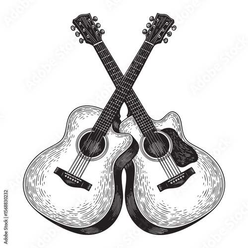 Crossed Acoustic Guitars Musical Vector Engraving Illustration