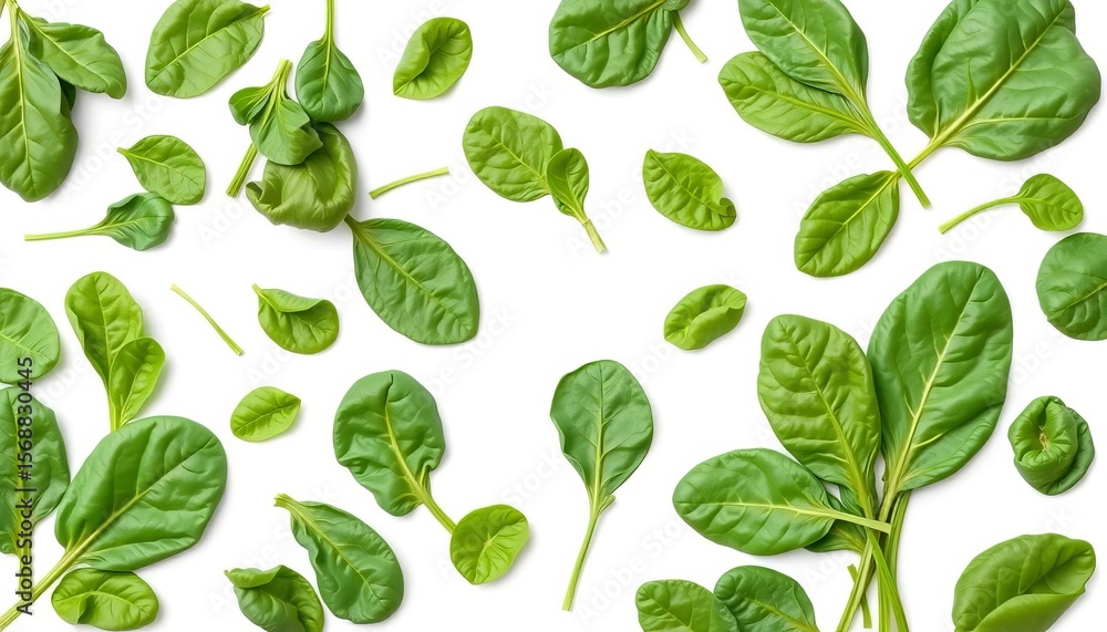 Fresh spinach leaves, various sizes and shapes, isolated on pure white background,  visual,  photography