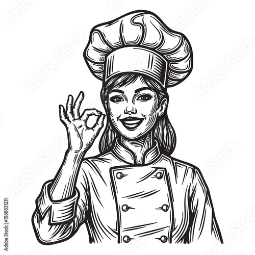  Smiling Female Chef Okay Gesture Vector Engraving Illustration