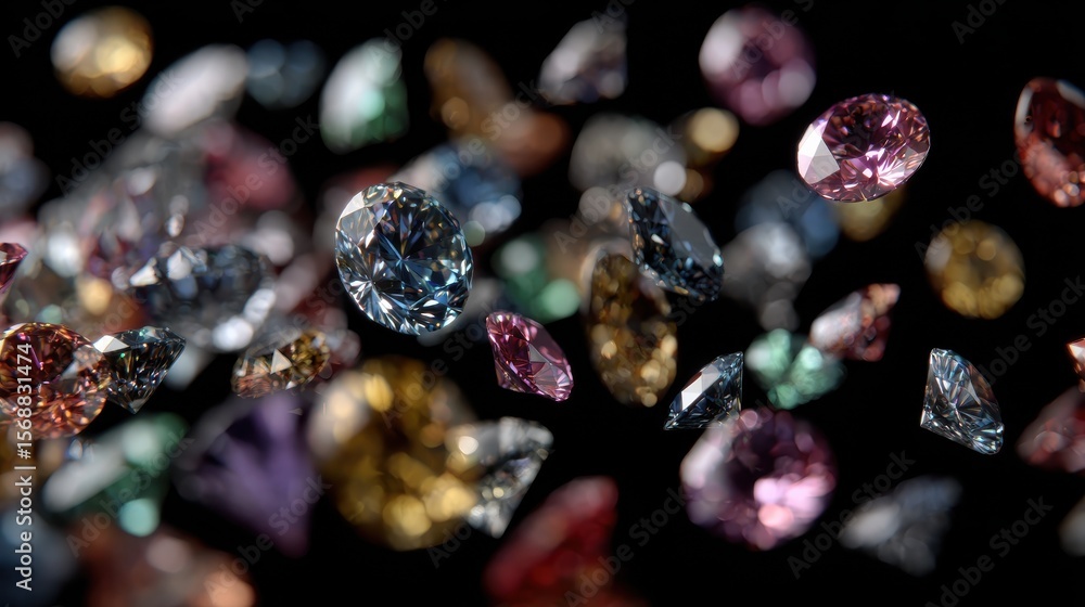 A stunning array of brilliantly cut diamonds and other gems, scattered in motion, against a black backdrop. Saturated, shiny and expensive jewelry. Macro shot . Generative Ai A stunning array of brilliantly cut diamonds and other gems, scattered in motion, against a black backdrop. Saturated, shiny and expensive jewelry. Macro shot . Generative Ai