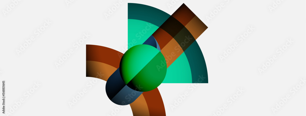 Abstract geometric design features curved shapes, vibrant colors, central sphere. Composition evokes movement, modern aesthetic. Abstract geometric design features curved shapes, vibrant colors, central sphere. Composition evokes movement, modern aesthetic.