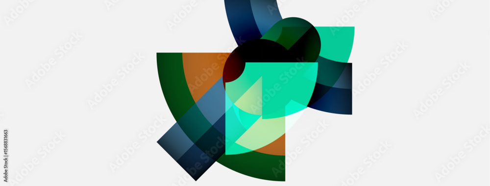 Abstract geometric shapes overlap, creating dynamic composition. Teal, green, brown hues dominate white background. Modern design. Abstract geometric shapes overlap, creating dynamic composition. Teal, green, brown hues dominate white background. Modern design.