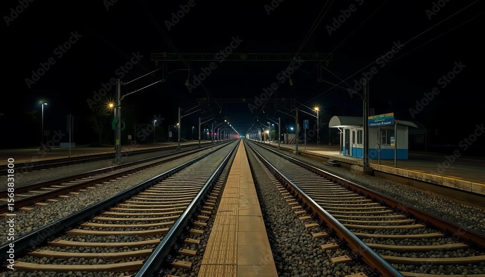 Obraz premium Empty train tracks at Ronda station at night, illuminated by dim lights, calm, ballast