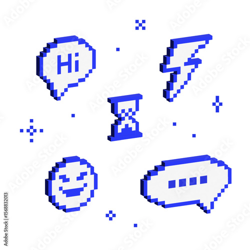 Set of 3d symbols y2k futuristic design. Isometric 8 bit blue elements. 3d pixel signs in retro style. Volumetric geometric shapes. Text bubble, emoji, lightning, hourglass.