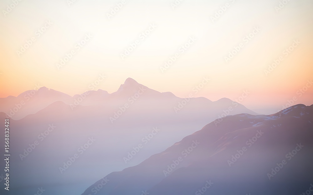 Fototapeta premium Misty mountain peaks at sunrise with pastel sky haze