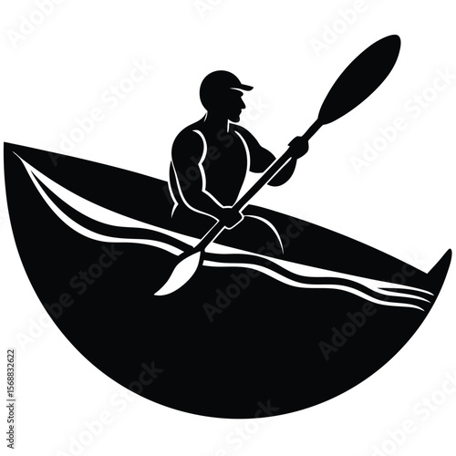 Silhouette of a man kayaking in a canoe with a paddle on white background