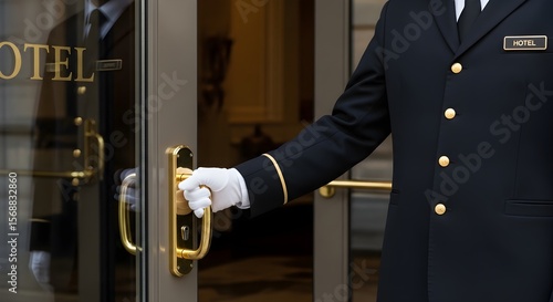 Luxurious Hotel Doorman Opening Door with Elegant Gold Accents