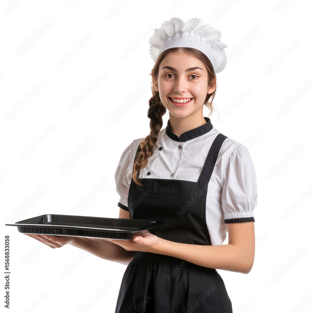 Smiling young attractive female in maid custome with hand holding empty tray isolate on transparency background Smiling young attractive female in maid custome with hand holding empty tray isolate on transparency background