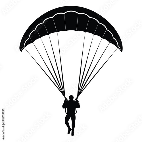 Silhouette of a paraglider descending against a white background