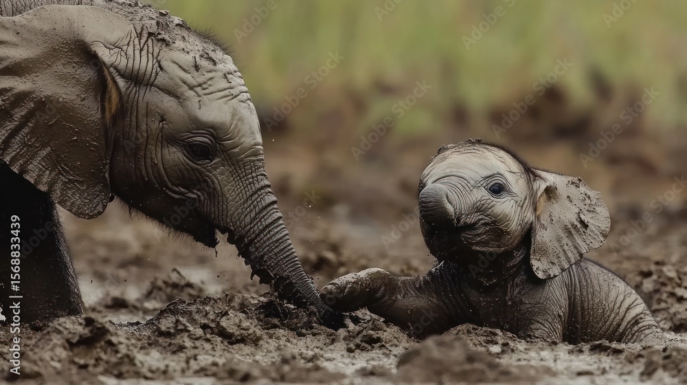 Fototapeta premium Elephant mother and calf in natural habitat