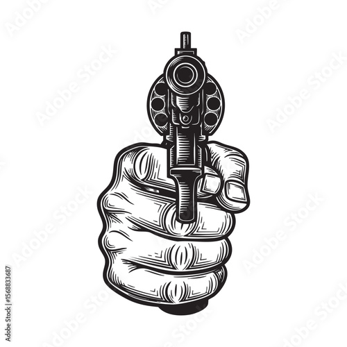 Hand Holding Revolver Pointing Forward Vector Engraving Illustration

