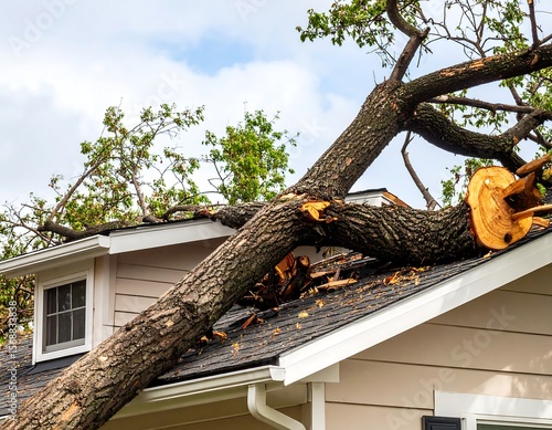 Fallen tree on a house