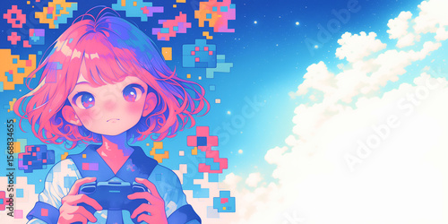 ゲーム好きの女の子。水彩画。イラスト。
